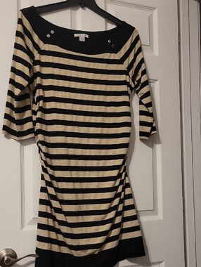 White House Black Market Black and Cream Striped Boatneck Long Sleeve Dress